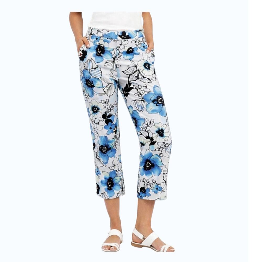 NWT Madison Size 10 Blue White Black Floral Crop Pants High Rise Stretch Cotton